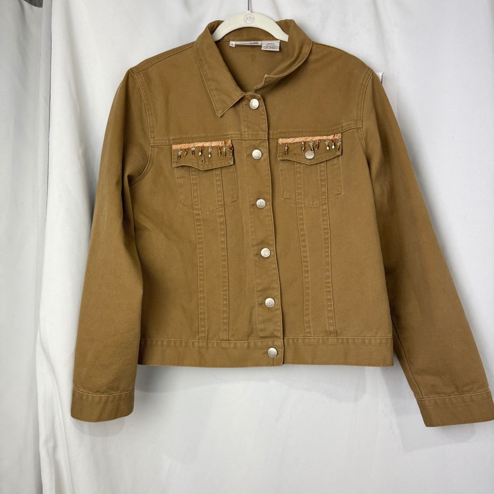 Willi Smith Tan Denim Jacket Boho Woven Back Women's L Embellished Pockets‎
